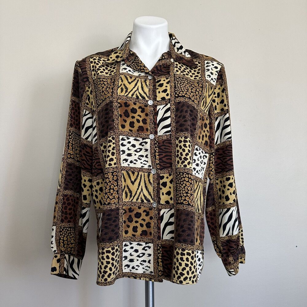 Vintage Animal Print Chain Link 80s Shirt Womens XL Old Money Glam Mob Wife Rave
